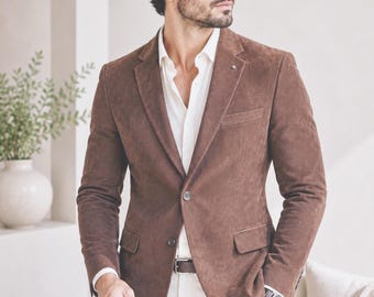 Blazer de gamuza marrón para hombre, chaqueta de fiesta nupcial a medida