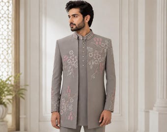 Traje Jodhpuri gris bordado para hombre, atuendo de novio indio, conjunto de boda Bandhgala