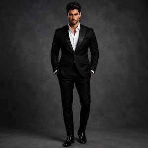 May include: A black tuxedo jacket with satin lapels, a crisp white button-down shirt, and matching black trousers. The ensemble is completed with polished black dress shoes, creating a formal look with clean lines and a sharp, tailored silhouette.