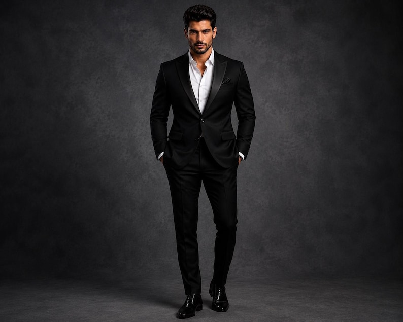 May include: A black tuxedo jacket with satin lapels, a crisp white button-down shirt, and matching black trousers. The ensemble is completed with polished black dress shoes, creating a formal look with clean lines and a sharp, tailored silhouette.