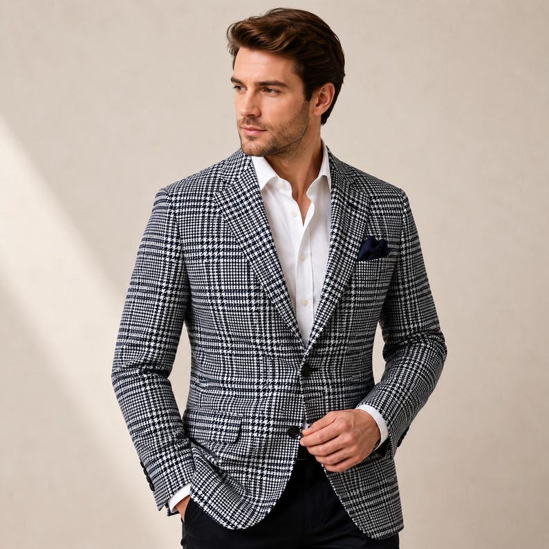 May include: A navy and white plaid blazer with a white dress shirt and a navy pocket square. The blazer has a two-button closure and is worn with black pants. The overall style is classic and tailored.