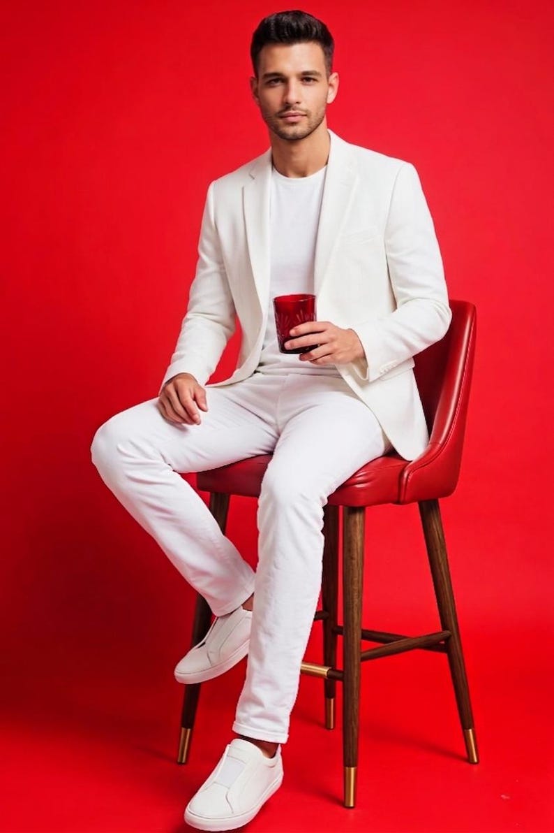 May include: A person wearing a white suit, white t-shirt, and white sneakers, seated on a red stool. The person is holding a red glass. The background is a solid red.