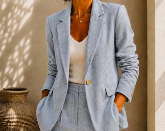Blazer de lino gris para mujer, chaqueta de oficina entallada, minimalista y elegante.