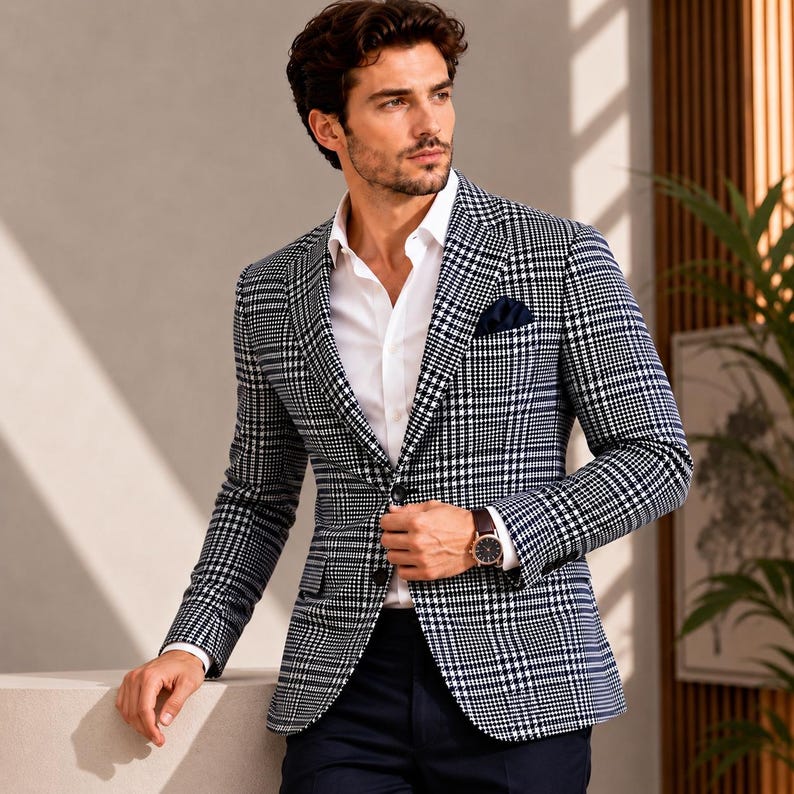 May include: A navy and white plaid blazer with a white dress shirt and a navy pocket square. The blazer has a two-button closure and a classic fit. A brown leather watch is visible on the wrist. The overall style is business casual.
