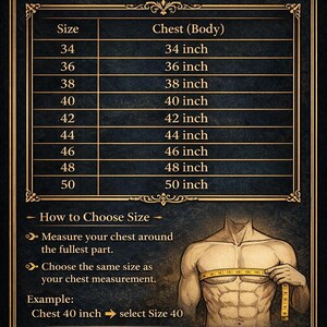 May include: A dark-themed Studiodstatus size chart with gold decorative borders. It lists sizes 34 through 50 with corresponding chest measurements in inches. An illustration shows how to measure the chest using a yellow measuring tape.