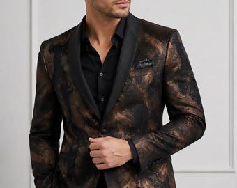 Blazer con estampado de mármol negro para hombre, chaqueta de boda color bronce, esmoquin de lujo para fiestas, solapa de satén
