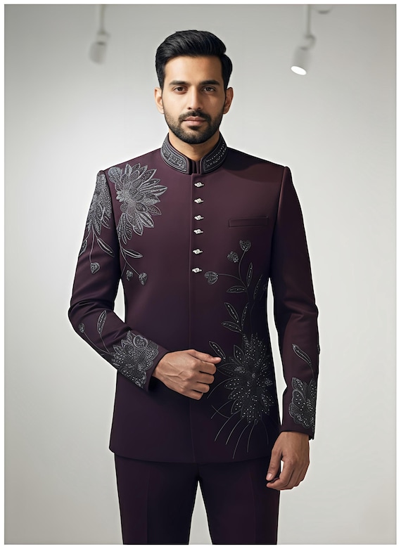 Maroon Embroidered Jodhpuri Suit Set for Men | Designer Bandhgala Jacket with Pant | IndianWedding GroomOutfit