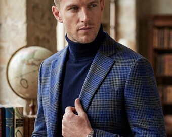 Blazer azul a cuadros para hombre, chaqueta deportiva con estampado de cuadros, ideal para invitados a bodas o eventos informales.