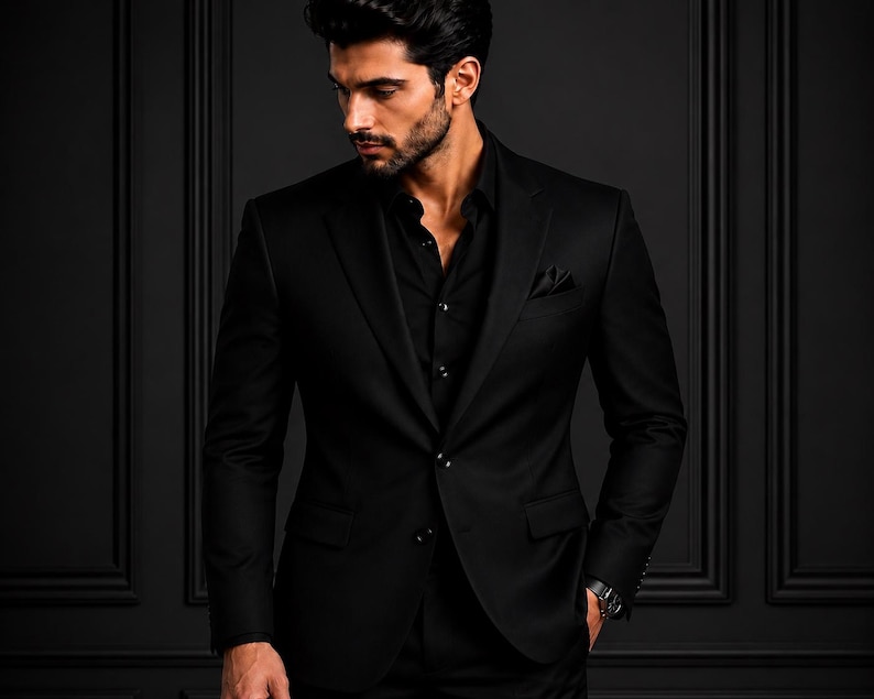 May include: A solid black blazer worn over a matching black button-down shirt. The blazer features a notched lapel, two front buttons, and a pocket square in the breast pocket. A dark wristwatch is visible on the left wrist of the wearer.