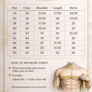 May include: A size chart from STUDIODSTATUS with measurements in inches. The chart includes chest, shoulder, length, and sleeve sizes ranging from 34 to 50. Instructions on how to measure the chest are also provided.