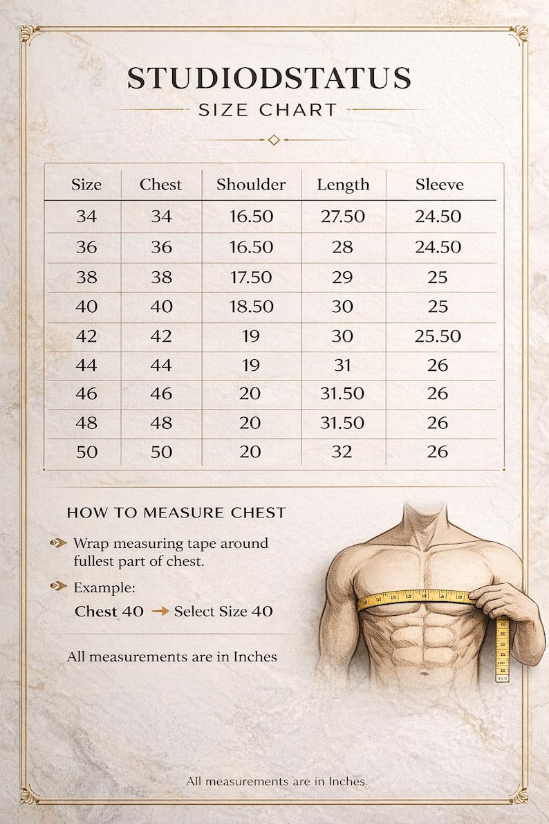 May include: A size chart from STUDIODSTATUS with measurements in inches. The chart includes chest, shoulder, length, and sleeve sizes ranging from 34 to 50. Instructions on how to measure the chest are also provided.