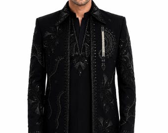 Conjunto de chaqueta Bandhgala negra bordada para hombre, ideal para la recepción del novio o la boda. Ajuste personalizado.