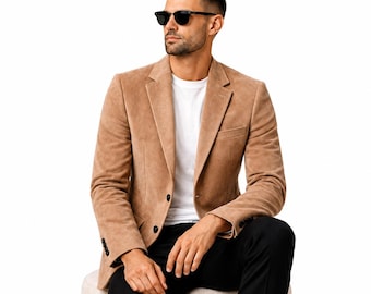 Men's Camel Suede Blazer | Slim Fit Casual Wedding Party Jacket