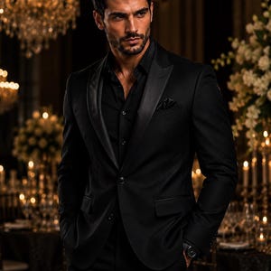 May include: A black tuxedo jacket with satin lapels worn over a black button-down shirt. The jacket features a single-button closure, two flap pockets, and a matching black pocket square tucked into the chest pocket, creating a formal ensemble.
