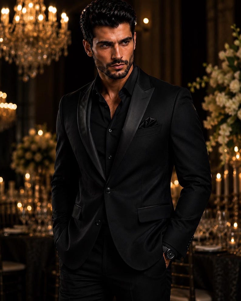 May include: A black tuxedo jacket with satin lapels worn over a black button-down shirt. The jacket features a single-button closure, two flap pockets, and a matching black pocket square tucked into the chest pocket, creating a formal ensemble.