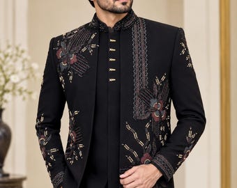 Traje Jodhpuri para hombre, blazer bordado, traje Bandhgala negro para novio, atuendo para fiesta de boda.