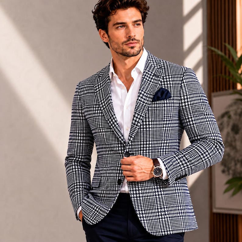 May include: A black and white checkered blazer with a navy blue pocket square. The blazer is worn over a white dress shirt. A brown leather watch is visible on the wrist. The overall look is stylish and sophisticated.