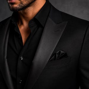 May include: A black tuxedo jacket featuring satin lapels and a matching black pocket square, worn over a black button-down shirt. The jacket has a structured shoulder and a single-breasted design with a clean, dark aesthetic.