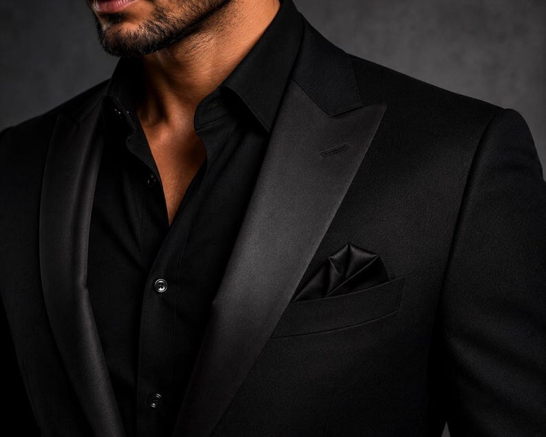 May include: A black tuxedo jacket featuring satin lapels and a matching black pocket square, worn over a black button-down shirt. The jacket has a structured shoulder and a single-breasted design with a clean, dark aesthetic.