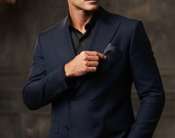 Blazer cruzado azul marino para hombre, blazer de boda a medida, chaqueta de traje formal