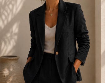 Blazer de lino negro para mujer, chaqueta de oficina a medida, minimalista y elegante.