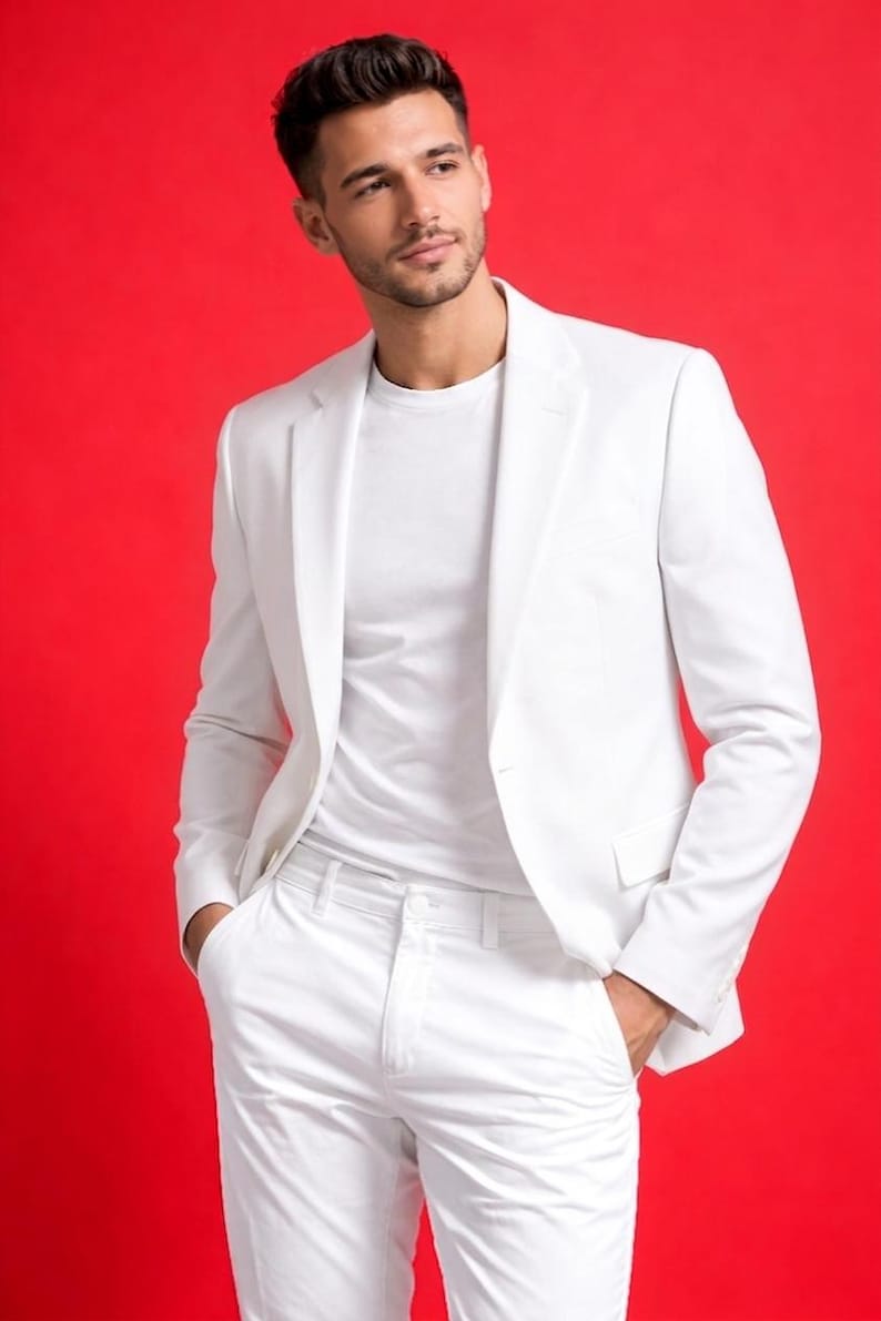 May include: A person wearing a white suit, including a blazer, t-shirt, and pants, against a vibrant red background. The suit is tailored and appears to be made of a smooth fabric. The person has their hands in their pockets.