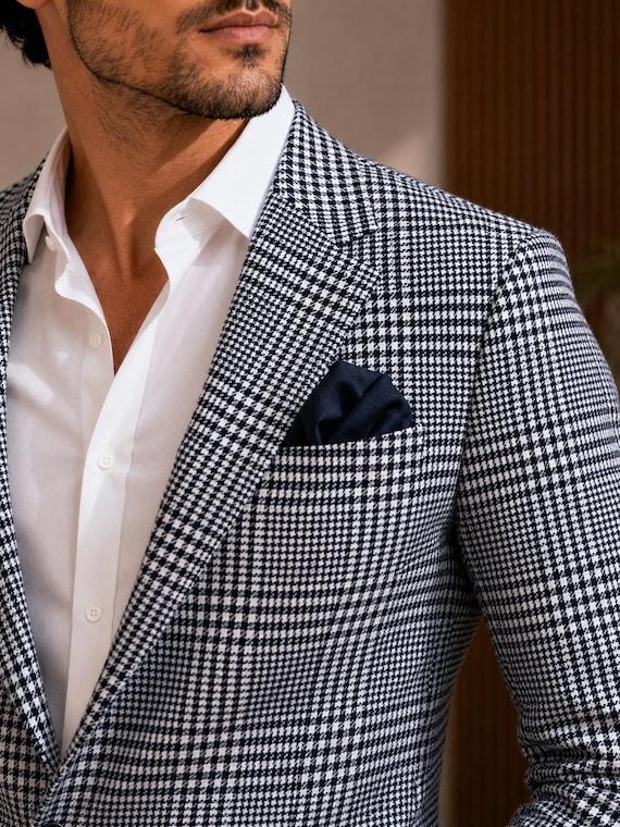 Black White Wool Blazer Men Checkered Plaid Jacket Custom Tailored Wedding Party Blazer