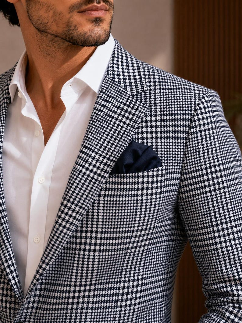 May include: A black and white houndstooth blazer with a white dress shirt and a navy blue pocket square. The blazer has a classic pattern and tailored fit, suitable for formal or business attire.