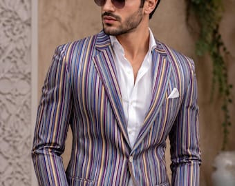 Men's Multicolor Striped Linen Blazer, Luxury Summer Wedding, Designer Prom Jacket