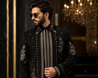 Chaqueta de novio negra bordada estilo indo-occidental, lujosa para recepción de boda, prenda masculina a medida.