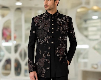 Traje Jodhpuri para hombre, blazer bordado, traje Bandhgala negro para novio, atuendo para fiesta de boda.