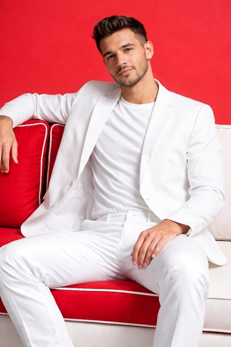 Men's White Blazer Suit | Minimalist Designer Wedding Outfit, Slim Fit Jacket image 2