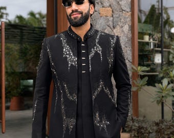 Traje Jodhpuri negro para hombre, chaqueta Bandhgala bordada con chaleco, traje de boda para novio con lentejuelas y cuentas.