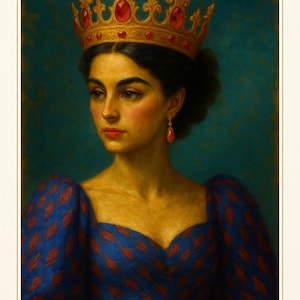 以下が含まれることがあります： 赤い宝石と金色の王冠をかぶった女性の肖像画。彼女は赤いひし形の模様の青いドレスを着ています。背景はターコイズ色です。
