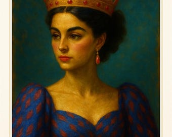 Ruby Crown Queen Art Print, Jewel Tone Maximalist Wall Art, Royal Woman Portrait, Vintage Oil Painting Style, Digital Download Decor