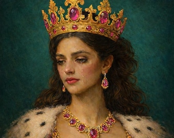 Regal Crying Queen Portrait Printable Art | Jewel Tone Royal Woman | Feminine Power Wall Art | Maximalist Vintage Oil Painting Download
