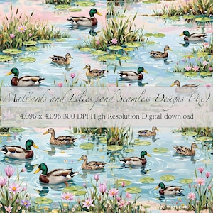May include: A digital illustration of a pond scene with mallard ducks swimming amongst lily pads and pink water lilies. The text "Mallards and Lilies pond Seamless Designs (4x)" is displayed. The image is a 4,096 x 4,096 300 DPI High Resolution Digital download.