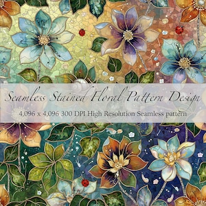 May include: A seamless floral pattern design featuring stylized flowers in shades of blue, orange, and purple, with green leaves and ladybugs. The text reads "Seamless Stained Floral Pattern Design". The pattern is 4,096 x 4,096 at 300 DPI.