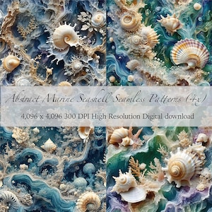 Może przedstawiać: Cztery bezszwowe wzory przedstawiające abstrakcyjne morskie wzory z muszlami w odcieniach niebieskiego, zielonego i beżowego. Obraz zawiera tekst: "Abstract Marine Seashell Seamless Patterns (4x)" i "4,096 x 4,096 300 DPI High Resolution Digital download."