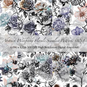 Mesh Floral Seamless Pattern  | Botanical Wireframe | Botanical Blueprint Digital Paper | Bundle of 10 PNGs