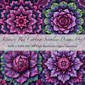 Puede incluir: Cuatro diseños digitales sin costuras con col lombarda japonesa estilizada en tonos rosa, morado y verde. Los diseños son simétricos y florales, con detalles intrincados. El texto de la imagen dice "Japanese Red Cabbage Seamless Designs (4x)".