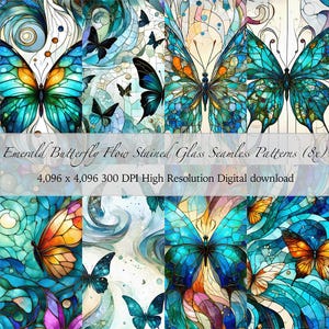 Stained Glass Butterfly Flow Seamless Pattern, Abstract Mosaic Art, Teal Blue Kaleidoscope | Digital Paper 8 Tileable PNGs | Commercial Use
