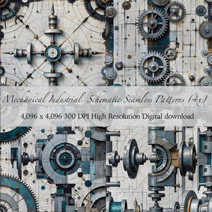 Può includere: Un download digitale con quattro motivi senza soluzione di continuità schematici industriali meccanici. I disegni presentano ingranaggi intricati, componenti di macchinari e disegni tecnici in tonalità di grigio, verde acqua e bianco. L'immagine include il testo "Mechanical Industrial Schematic Seamless Patterns (4x)".