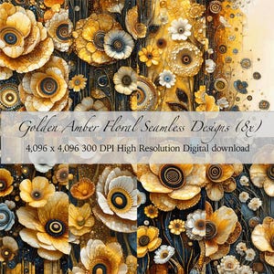 Diseño floral dorado ámbar sin costuras / Arte botánico en mosaico / Paquete de 8 imágenes PNG (descarga digital)