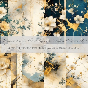 Pode incluir: Uma coleção de oito padrões digitais sem costura com designs florais japoneses e detalhes dourados. Os padrões apresentam flores brancas e amarelas, folhas verde-azuis e rachaduras douradas no estilo kintsugi. O texto diz "Japanese Luxury Floral Kintsugi Seamless Patterns (8x)".