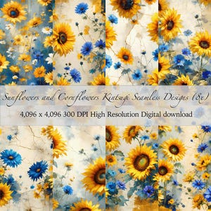 Sunflower Cornflower Seamless Pattern | Vintage Kintsugi Floral | Bundle of 8 PNGs (Digital download)