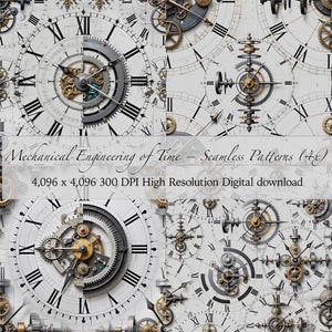 Può includere: Motivo senza cuciture con quadranti dettagliati e ingranaggi meccanici in argento, oro e nero. Il design include numeri romani ed elementi di orologeria complessi. Il testo recita "Mechanical Engineering of Time - Seamless Patterns (4x)".
