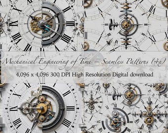 Seamless Roman Clock Pattern | Mechanical Time Engineering | Digital Paper 4 Tileable PNGs | Commercial Use