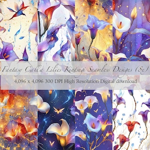 Puede incluir: Una colección de ocho diseños digitales sin costuras con calas de fantasía. Los diseños muestran ilustraciones al estilo acuarela con una variedad de colores, incluyendo morado, blanco y dorado. El texto dice "Fantasy Calla Lilies Kintsugi Seamless Designs (8x)" y "4,096 x 4,096 300 DPI High Resolution Digital download."