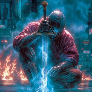May include: Digital art of a figure in a helmet and dark clothing, kneeling and holding a glowing blue sword. The sword emits bright energy, reflecting in the water. The background features a cityscape with flames.